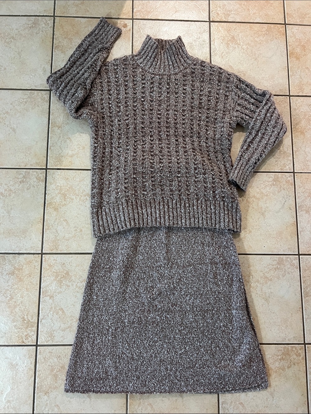 Free People Way Back Home Cozy Knit Sweater & Skirt SET Marled Brown, Sz Small